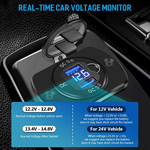 [Upgraded]2Pcs 12V/24V USB Outlet with Voltmeter& ON/Off Switch, Quick Charge 3.0 Dual USB Power Outlet, Waterproof Fast Charge USB Charger Socket DIY Kit for Car Boat Marine (2 Pack)