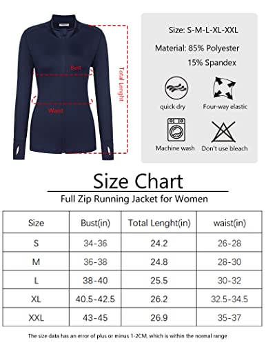 PINSPARK Workout Long Sleeve Sports Jacket For Women Full Zip Workout Running Track Jacket Breathable Navy Blue L