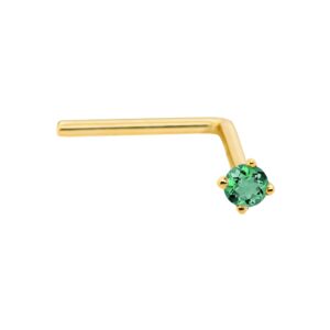 22g solid 14kt gold l-shape nose stud with real emerald gemstone, 14kt yellow gold or 14kt white gold prong setting - may birthstone nose ring-lsyg_ed-1.5mm