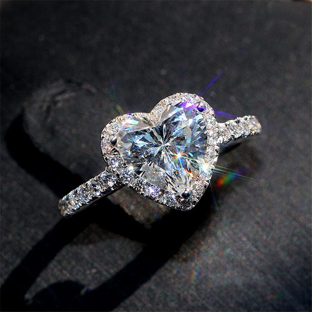 925 Sterling Silver Shiny Full Heart-Shaped CZ Diamond Ring Fashion Party Accessories for Women (US Code 10)