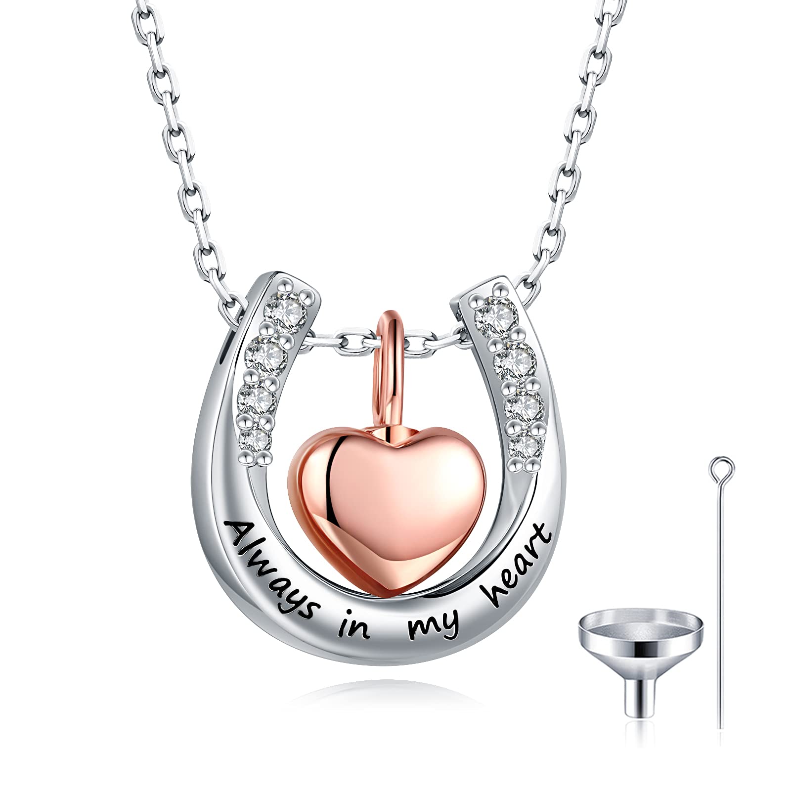 Heart-Shape cremation urn necklace for ashes - 925 Sterling Silver FAITH LOVE U CZ Pendant Necklaces Rose Gold & White Gold Plated Keepsake Memorial Jewelry (U-Heart-Shape Urn Jewelry)