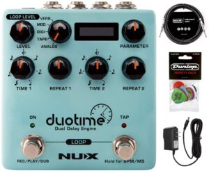 nux duotime stereo delay pedal bundle with mxr instrument cable, dunlop pick pack, and power supply