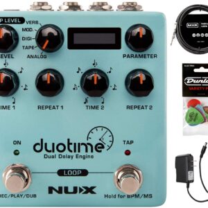 NUX Duotime Stereo Delay Pedal Bundle with MXR Instrument Cable, Dunlop Pick Pack, and Power Supply