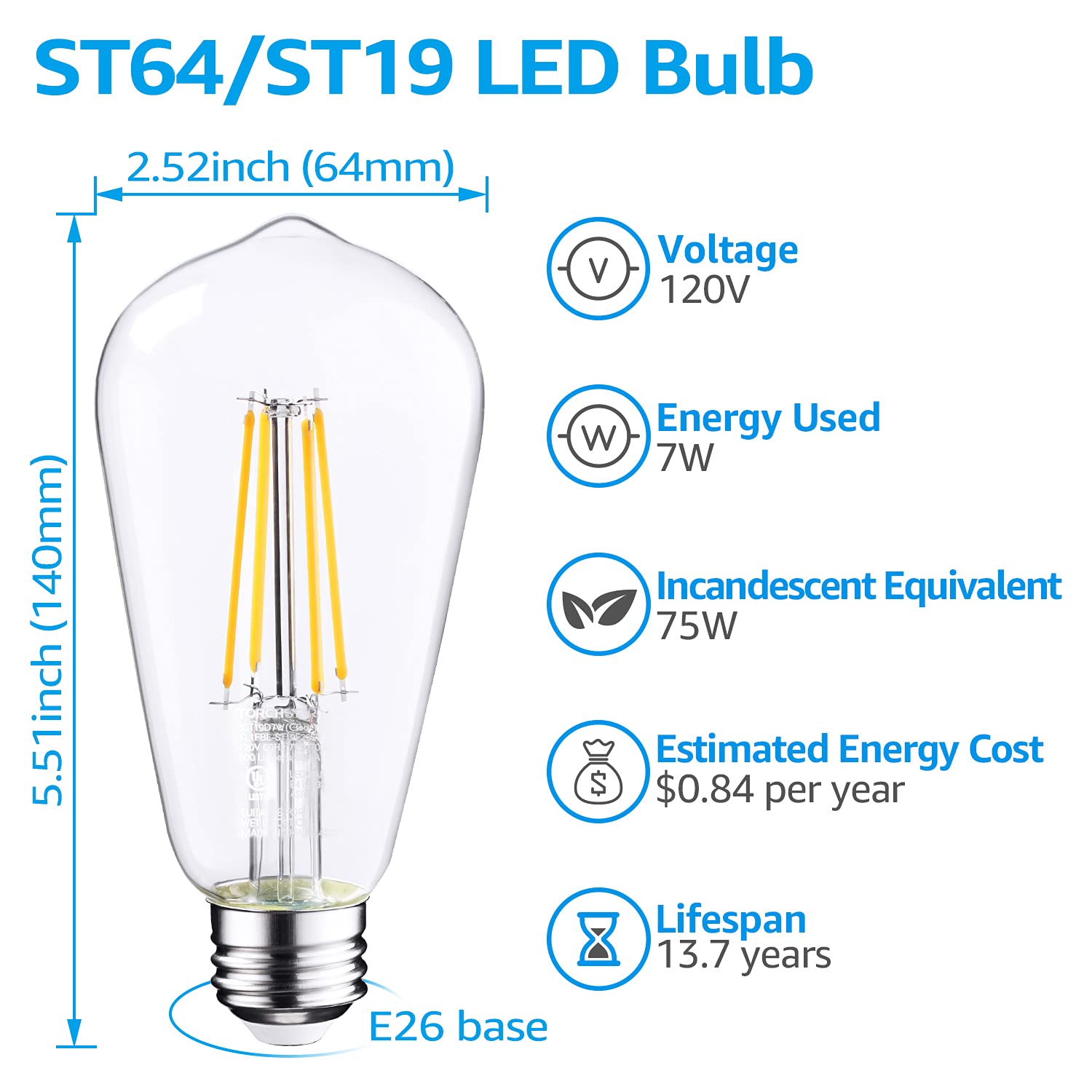 TORCHSTAR ST64 LED Bulb Dimmable, LED Vintage Edison Light Bulbs, 75W Equivalent, 7W 800Lumens Antique LED Filament Bulbs, Soft White 2700K, E26/E27 Base, UL Listed, Clear Glass, Pack of 6