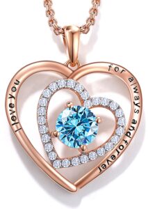 jd & p rose gold double heart pendant necklace for women, march cubic zirconia birthstone jewelry birthday christmas gift ideals for mom mother wife daughter grandma girlfriend her