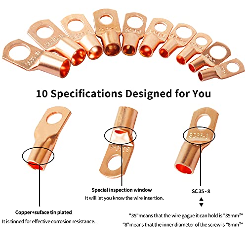 IBosins 150Pcs Copper Battery Terminal Connectors, AWG 2 4 6 8 10 12 Cable Ends Wire Lugs Assortment Kit, 70pcs Ring Teminal with 80pcs Heat Shrink Tubing