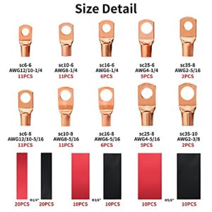 IBosins 150Pcs Copper Battery Terminal Connectors, AWG 2 4 6 8 10 12 Cable Ends Wire Lugs Assortment Kit, 70pcs Ring Teminal with 80pcs Heat Shrink Tubing