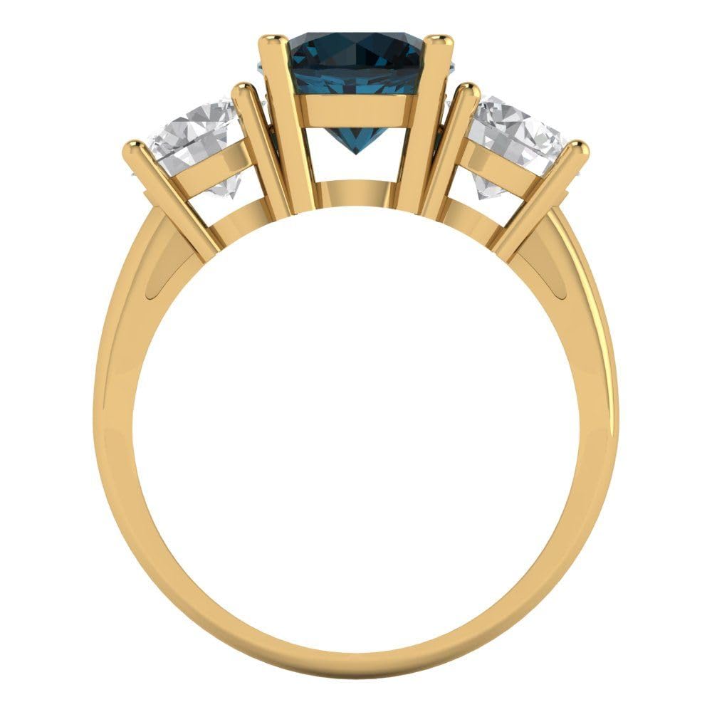 Clara Pucci 3.35 ct Round Cut Custom Engraving 3 stone Natural London Blue Topaz Designer Solitaire Statement Ring 18K Yellow Gold Size 6