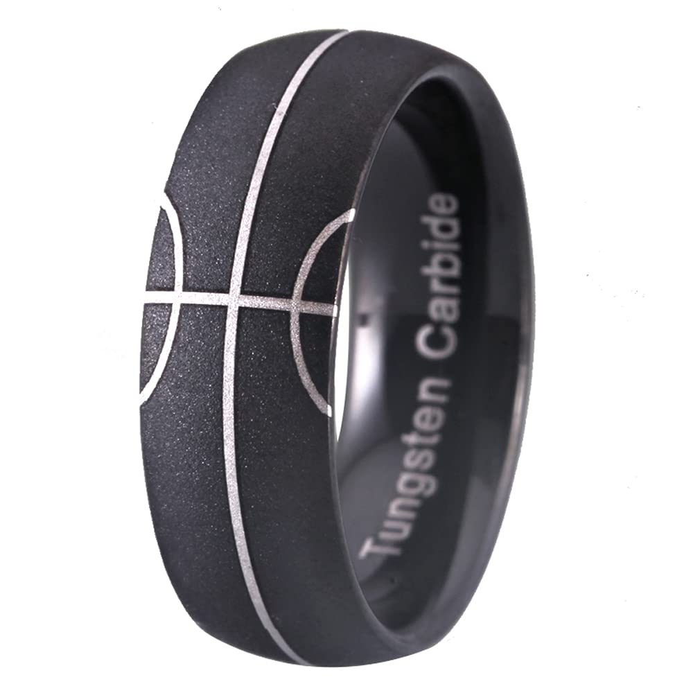 CLOUD DANCER Sporty Basketball Pattern Design Ring - 8mm Width Sand Blasted Tungsten Ring Wedding Band Ring Engagement Anniversary Jewelry (7.5)