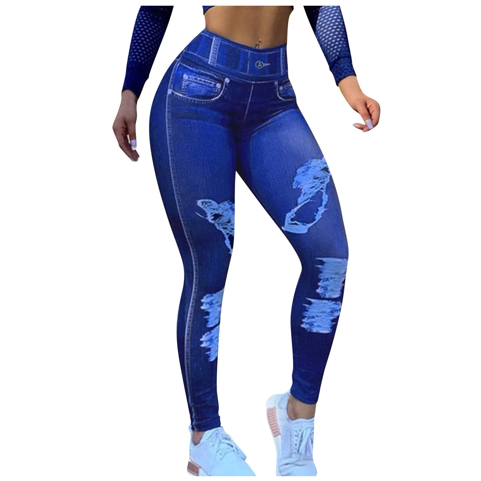 Women's Denim Print Fake Jeans Seamless Full Length Leggings Yoga Pants High Waist Skinny Jeggings for All Seasons