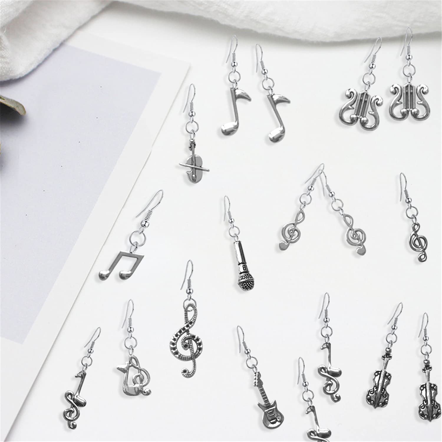 WUWEIJIAJIA 12 Pairs Lightweight Handmade Vintage Silver Music Note Dangle Drop Earrings Sets Musical Instrument Guitar Violin Earrings for Women Music Lover (Silver)