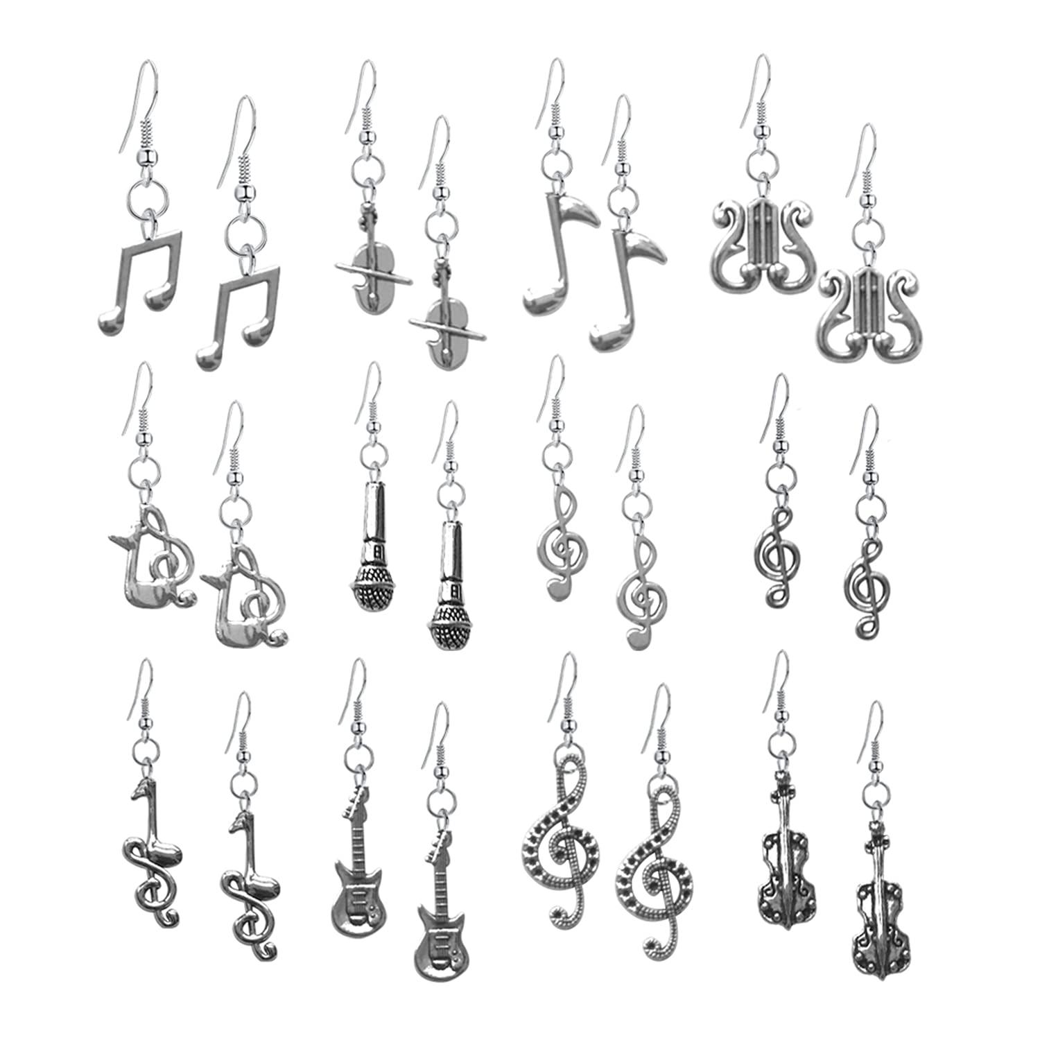 WUWEIJIAJIA 12 Pairs Lightweight Handmade Vintage Silver Music Note Dangle Drop Earrings Sets Musical Instrument Guitar Violin Earrings for Women Music Lover (Silver)