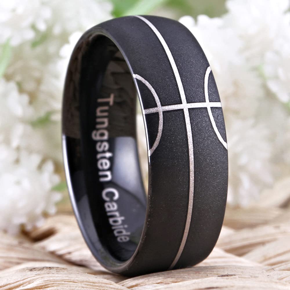 CLOUD DANCER Sporty Basketball Pattern Design Ring - 8mm Width Sand Blasted Tungsten Ring Wedding Band Ring Engagement Anniversary Jewelry (7.5)