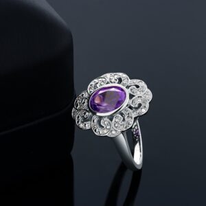 Gem Stone King Simulated Purple Amethyst Gorgeous Rhodium Plate Vintage Style Halo Ring (Available in size 5, 6, 7, 8, 9)