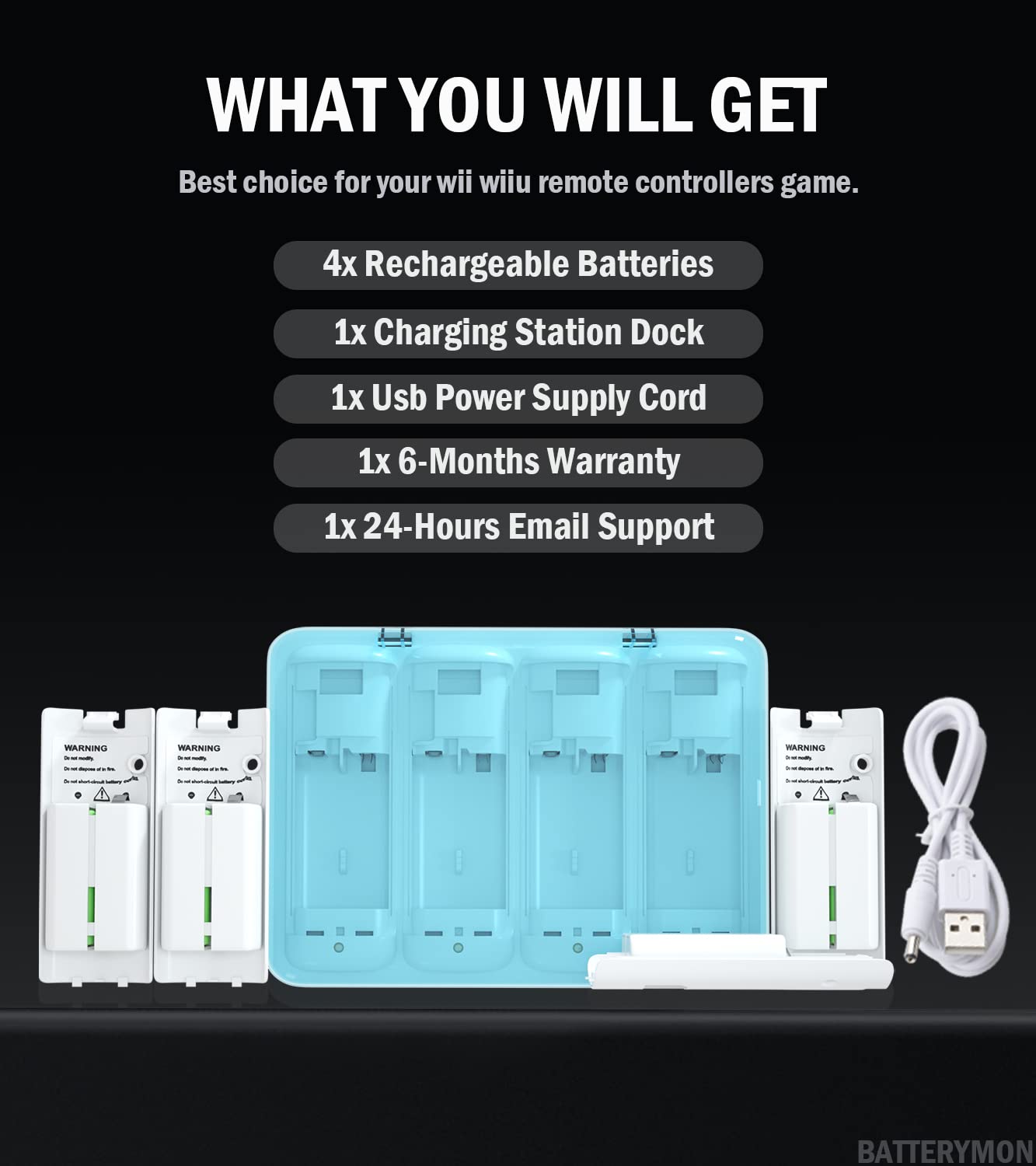 4-Ports Charging Station for Wii Remote Controller Battery, 4pcs Rechargeable Batteries for Wii WiiU Game Controller