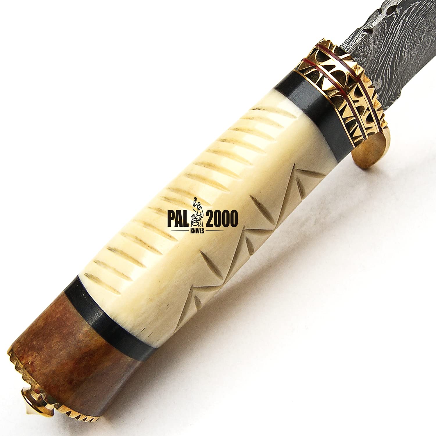 PAL 2000 KNIVES BOW-9482 Handmade Damascus Steel Fixed Blade Hunting Knife Camel Bone Handle with Sheath