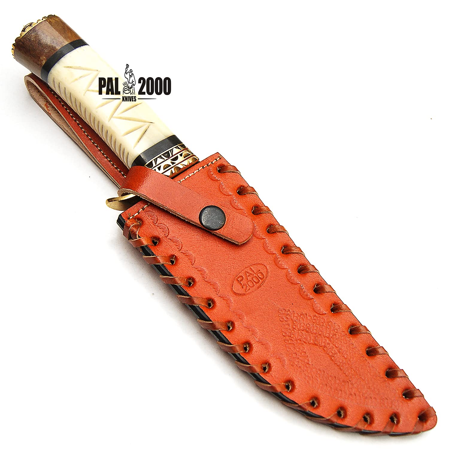 PAL 2000 KNIVES BOW-9482 Handmade Damascus Steel Fixed Blade Hunting Knife Camel Bone Handle with Sheath