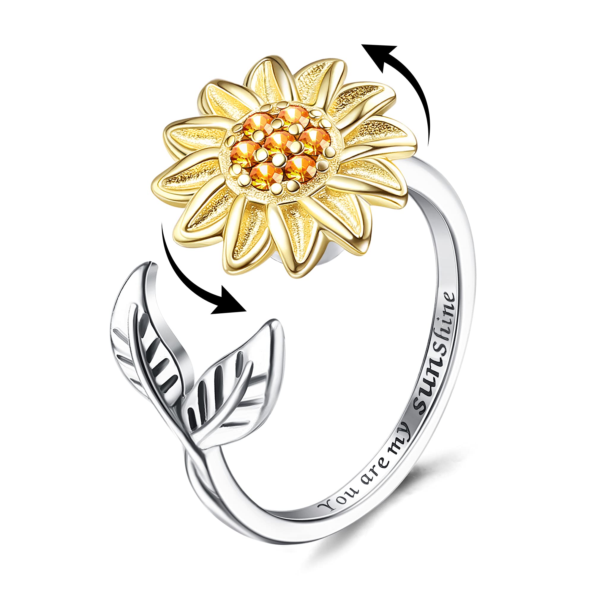 Jewenova Sterling Silver Sunflower Fidget Ring for Women, You Are My Sunshine Stress Relieving Ring, Christmas Jewelry Gift For Women