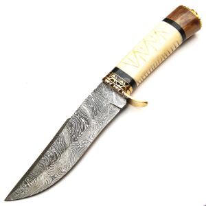 PAL 2000 KNIVES BOW-9482 Handmade Damascus Steel Fixed Blade Hunting Knife Camel Bone Handle with Sheath