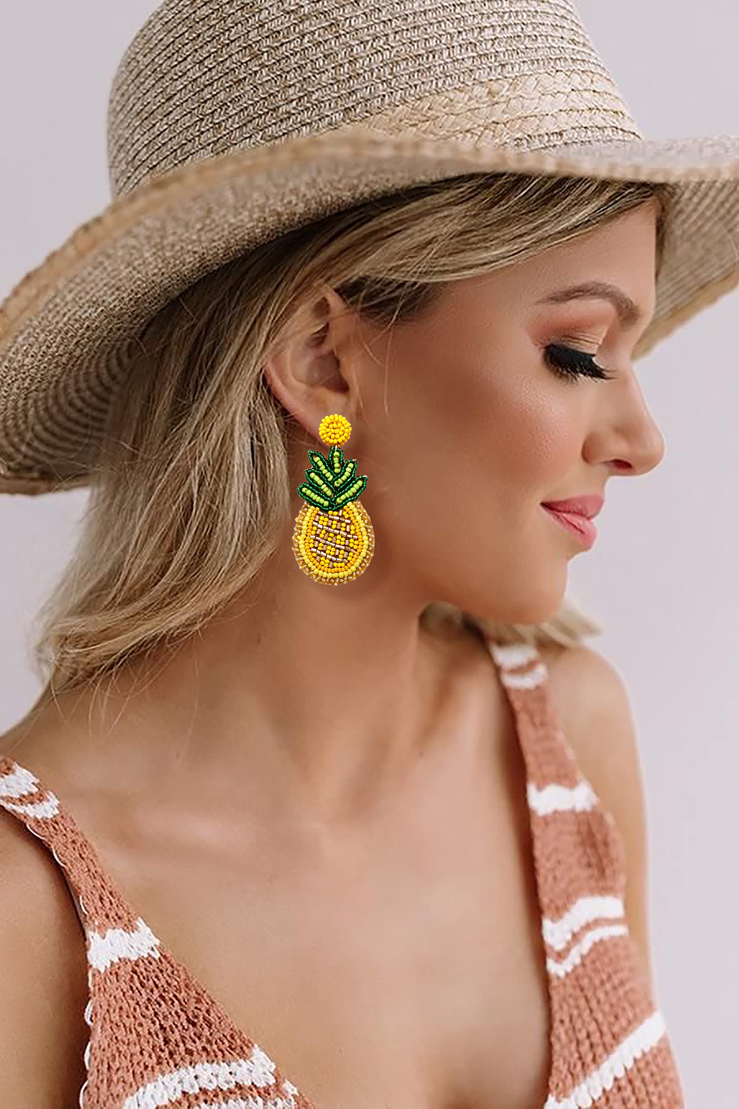 Beaded Dangle Earrings Handmade Bead Avocado Pineapple Watermelon Earrings Bohemia Statement Fruit Drop Earrings Summer Beach Jewelry Gifts (A Yellow Pineapple)