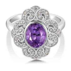 Gem Stone King Simulated Purple Amethyst Gorgeous Rhodium Plate Vintage Style Halo Ring (Available in size 5, 6, 7, 8, 9)