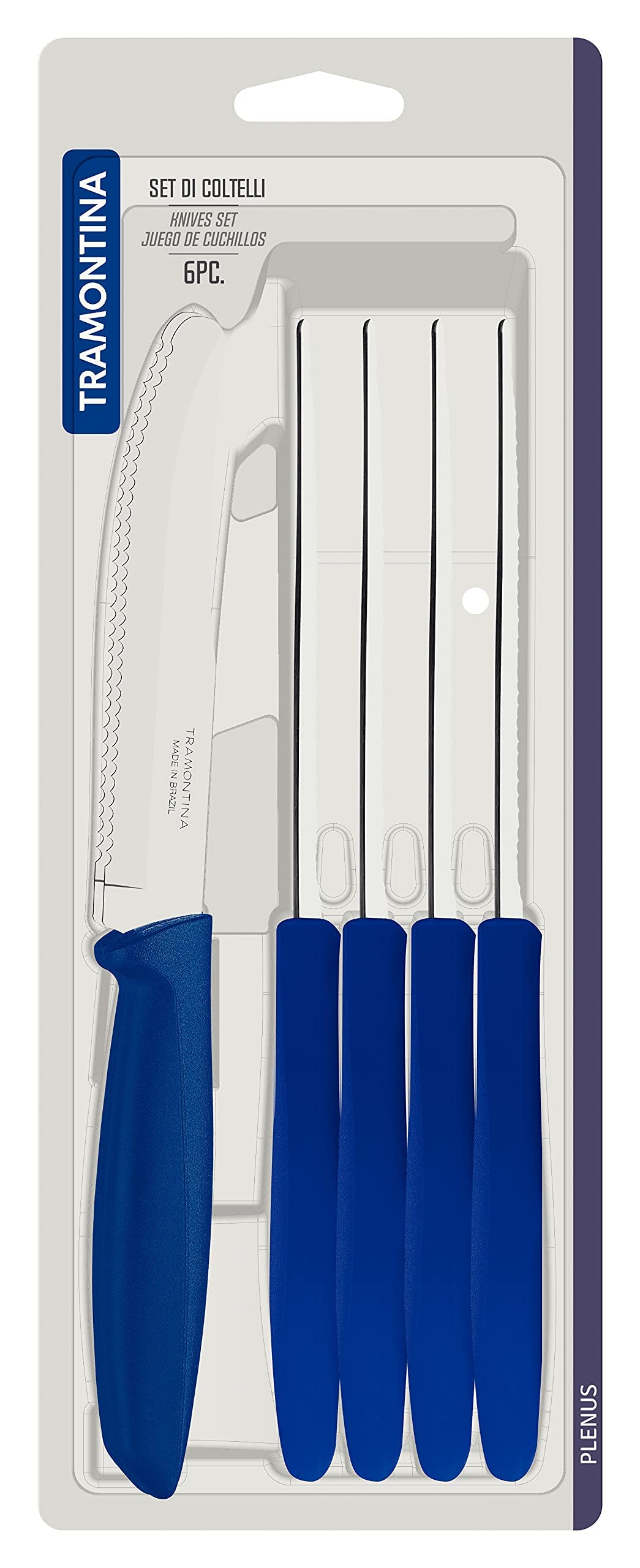 Tramontina Kitchen Knives Set of 6, Serrated Fruit Tomato Cooking Knife, Vegetable Chopper Peeler, Stainless Steel, Multipurpose, Rounded Tip, Blue, 23498155