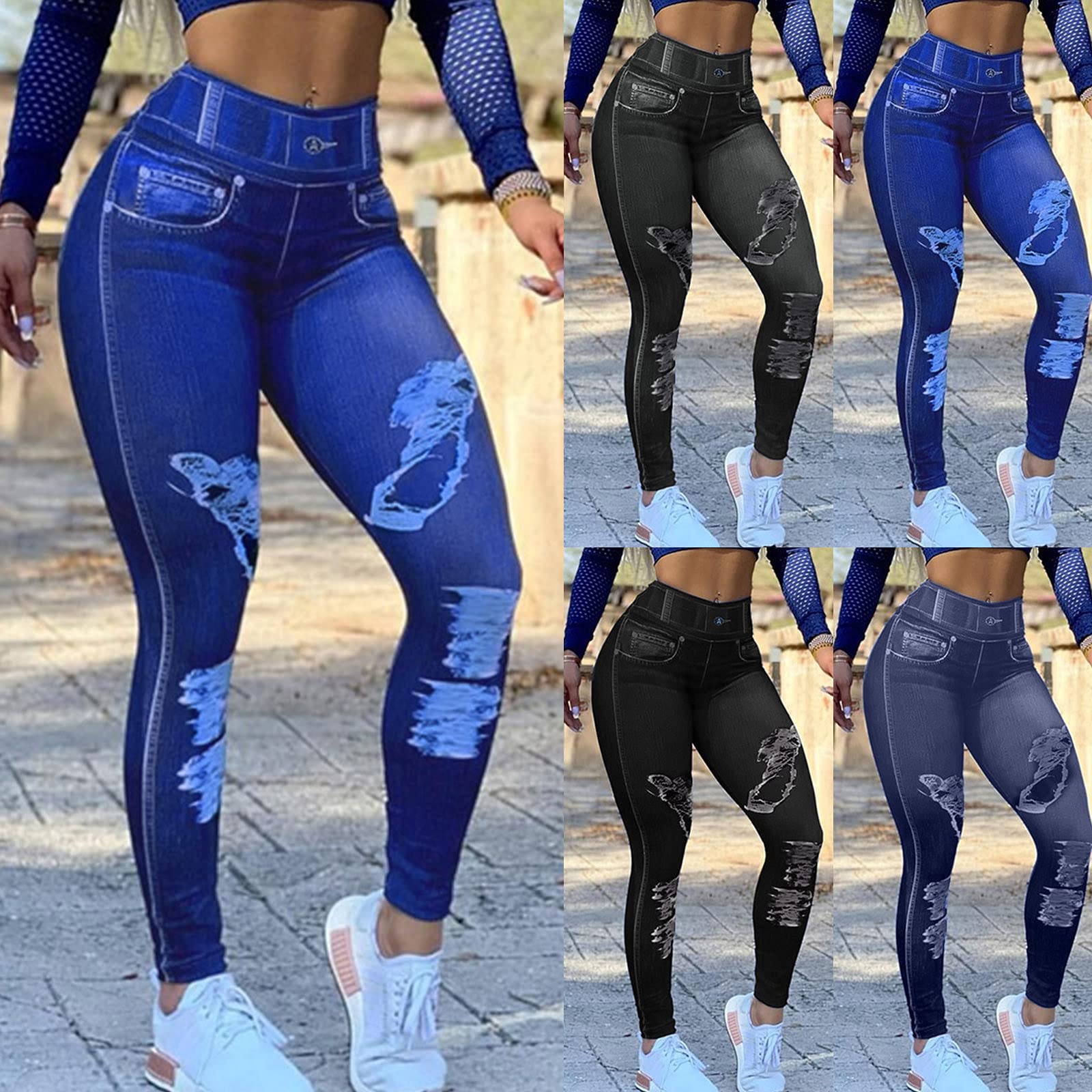 Women's Denim Print Fake Jeans Seamless Full Length Leggings Yoga Pants High Waist Skinny Jeggings for All Seasons