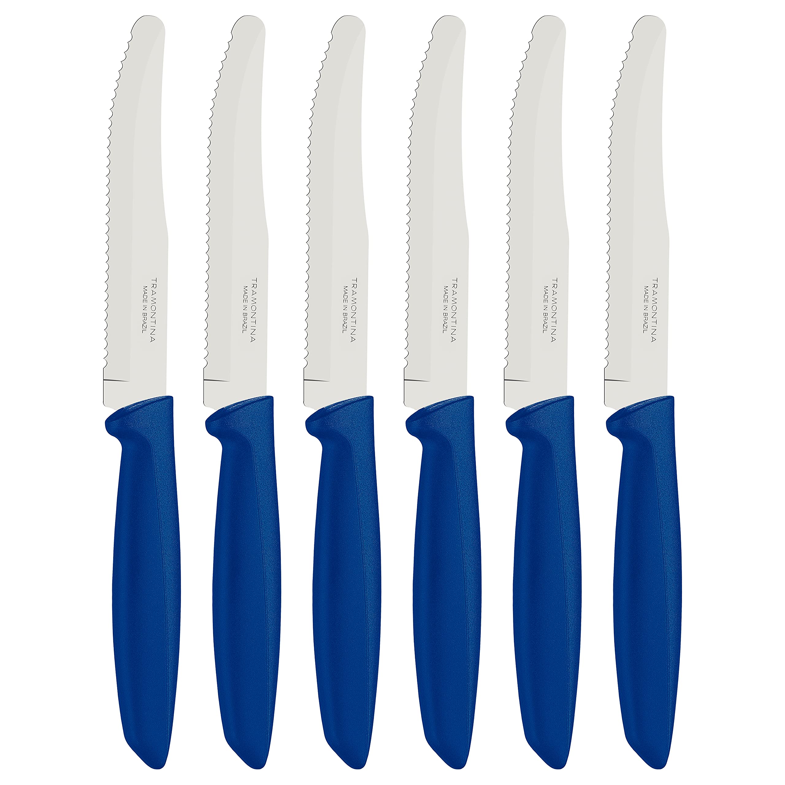 Tramontina Kitchen Knives Set of 6, Serrated Fruit Tomato Cooking Knife, Vegetable Chopper Peeler, Stainless Steel, Multipurpose, Rounded Tip, Blue, 23498155