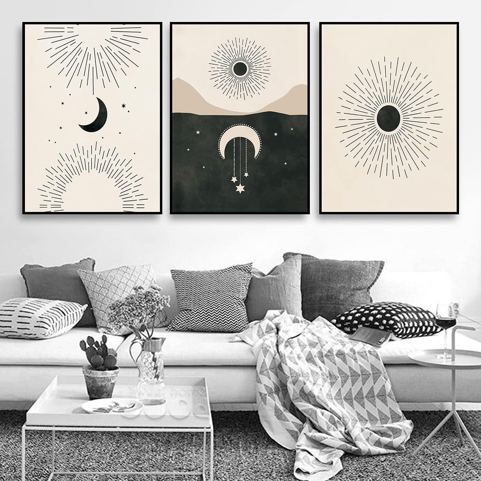 Abstract Line Wall Art Print Moons Celestial Line Art Boho Sun Moon Stars Canvas Wall Art Abstract Line Art Poster Minimalist Wall Art Prints Poster Wall Picture for Living Room Decor No Frame