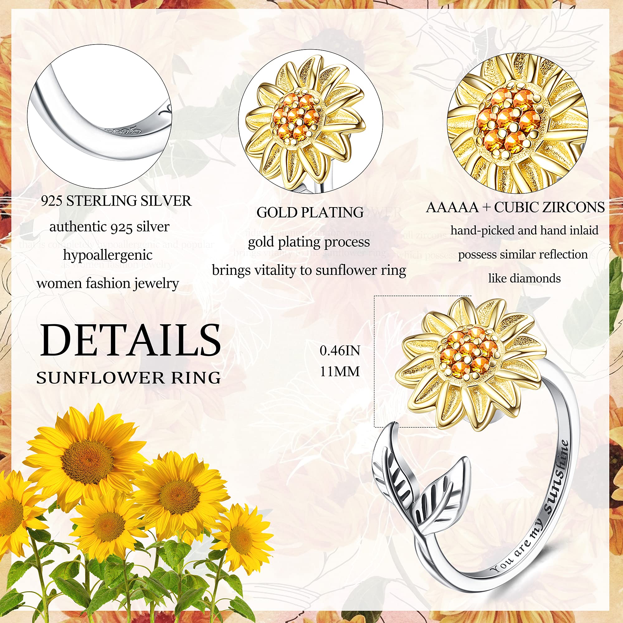 Jewenova Sterling Silver Sunflower Fidget Ring for Women, You Are My Sunshine Stress Relieving Ring, Christmas Jewelry Gift For Women