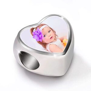 GNOCE Custom Photo Charms for Bracelet 925 Sterling Silver Heart Shaped Personalized Charms Family Memorial for Women