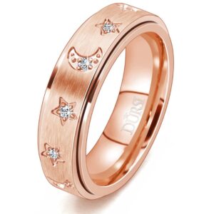 dursi moon star spinner ring fidget anxiety worry rings for women girls stainless steel engagement wedding promise band with cz diamends 6mm (rose gold, 7)