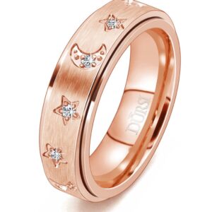 DURSI Moon Star Spinner Ring Fidget Anxiety Worry Rings for Women Girls Stainless Steel Engagement Wedding Promise Band with CZ Diamends 6mm (Rose Gold, 7)