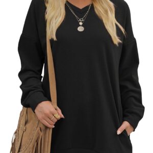 OFEEFAN Oversized Sweatshirts for Women V Neck Long Sleeve Pocket Tops Black XXL