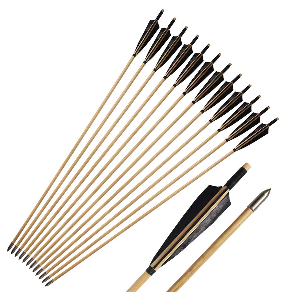 e5e10 Wooden Arrows Archery Handmade Arrows 33inch Shaft with Turkey Feather Fletching for Recurve Bow Longbow Hunting Practice 12PACK (Black)