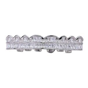 LKV Silver Teeth Grillz for Men and Women, Hip Hop Iced Out Diamond Mouth Grills for Your Teeth Top & Bottom, Rapper Costume Teeth Grillz with Extra Molding Bars