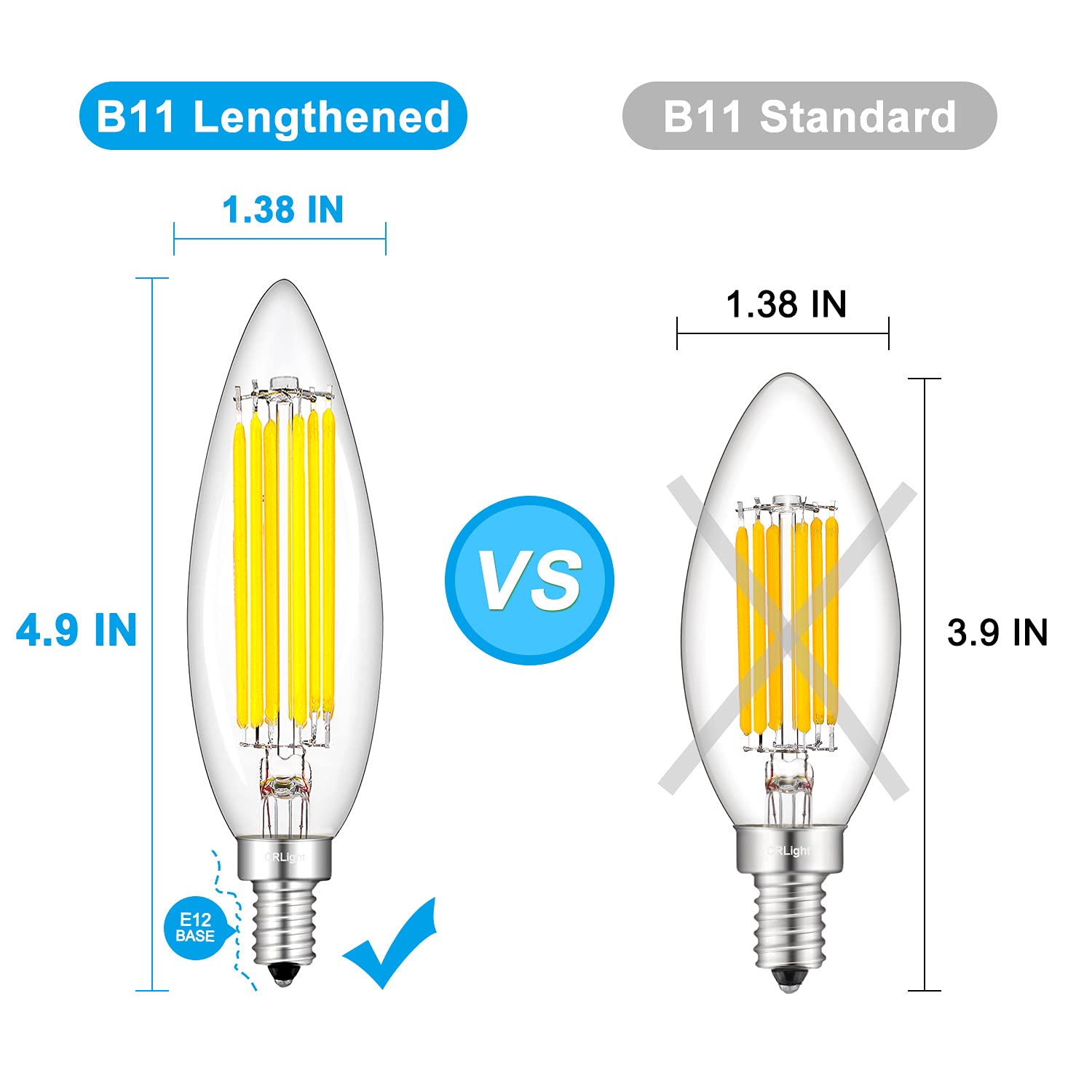 CRLight 10W High Brightness Dimmable LED Candelabra Bulb 5200K Daylight White, 90W Equivalent 900LM E12 LED Bulbs, Upgraded Lengthened B11 Clear Glass Chandelier Light Bulbs, 4 Pack