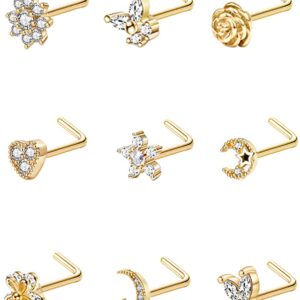 Masedy 9Pcs 20G Stainless Steel Nose Rings L Shaped Nose Studs Flower Screw Nose Rings for Women Men Nose Piercing Set LG