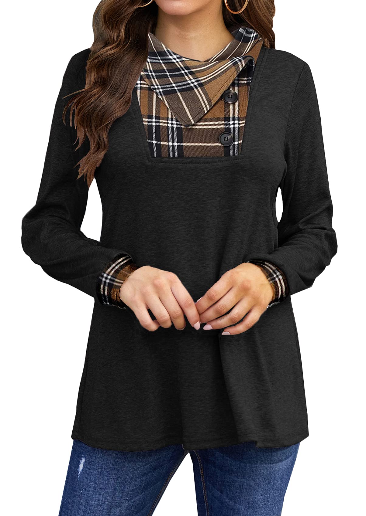 Bluetime Women's Long Sleeve Button Lapel Pullover Tunic Swing Sweatshirt Khaki Plaid L