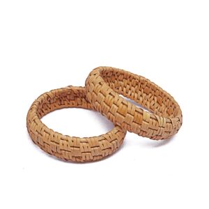 COLORFUL BLING 2Pcs Handwoven Wooden Braided Rattan Knit Cuff Bracelet Natural Bamboo Square Round Geometric Chunky Wrap Bangle for Women Ethnic Tribal Wrist Jewelry-A rattan