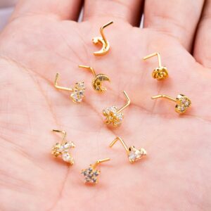 Masedy 9Pcs 20G Stainless Steel Nose Rings L Shaped Nose Studs Flower Screw Nose Rings for Women Men Nose Piercing Set LG