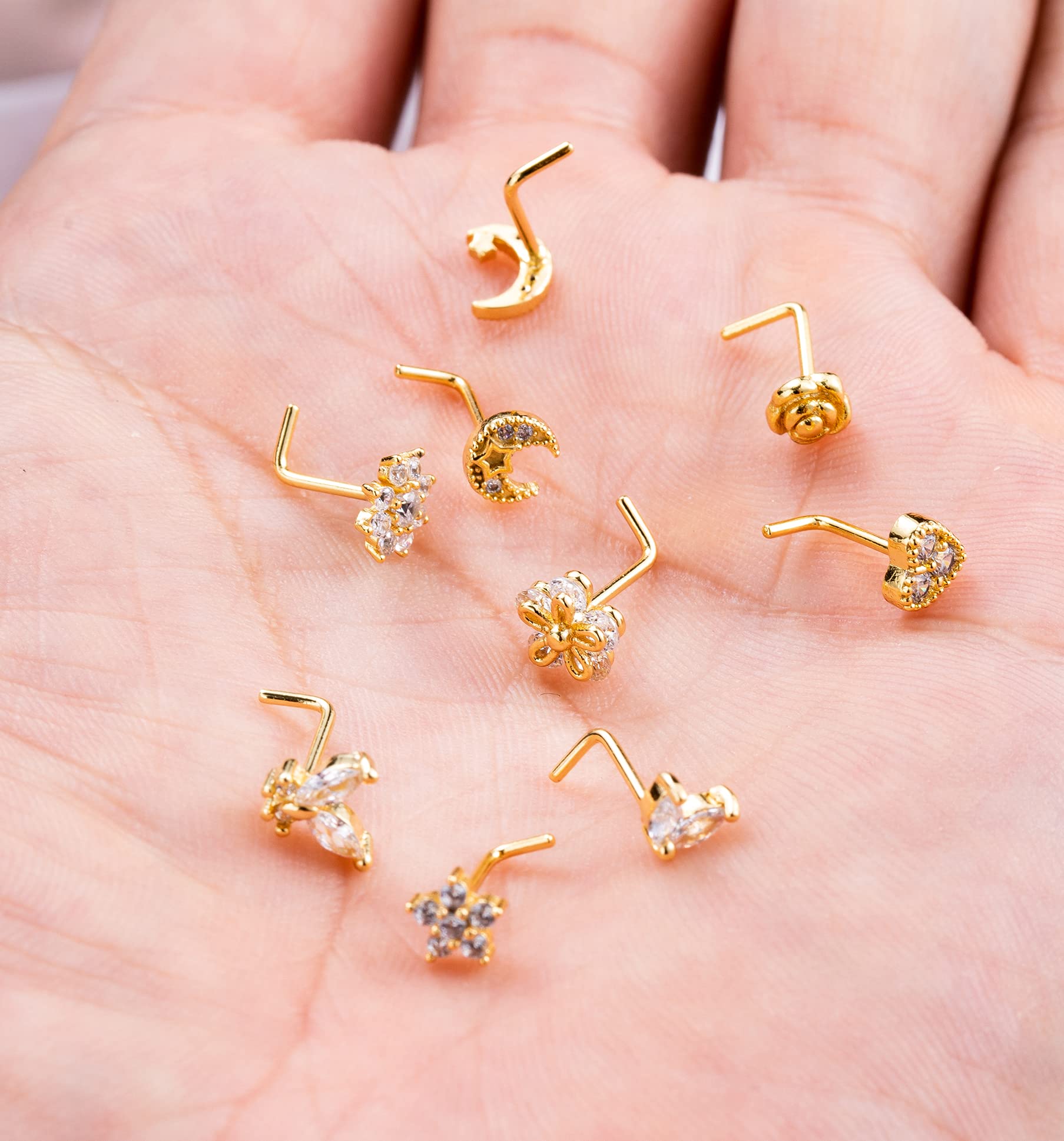 Masedy 9Pcs 20G Stainless Steel Nose Rings L Shaped Nose Studs Flower Screw Nose Rings for Women Men Nose Piercing Set LG