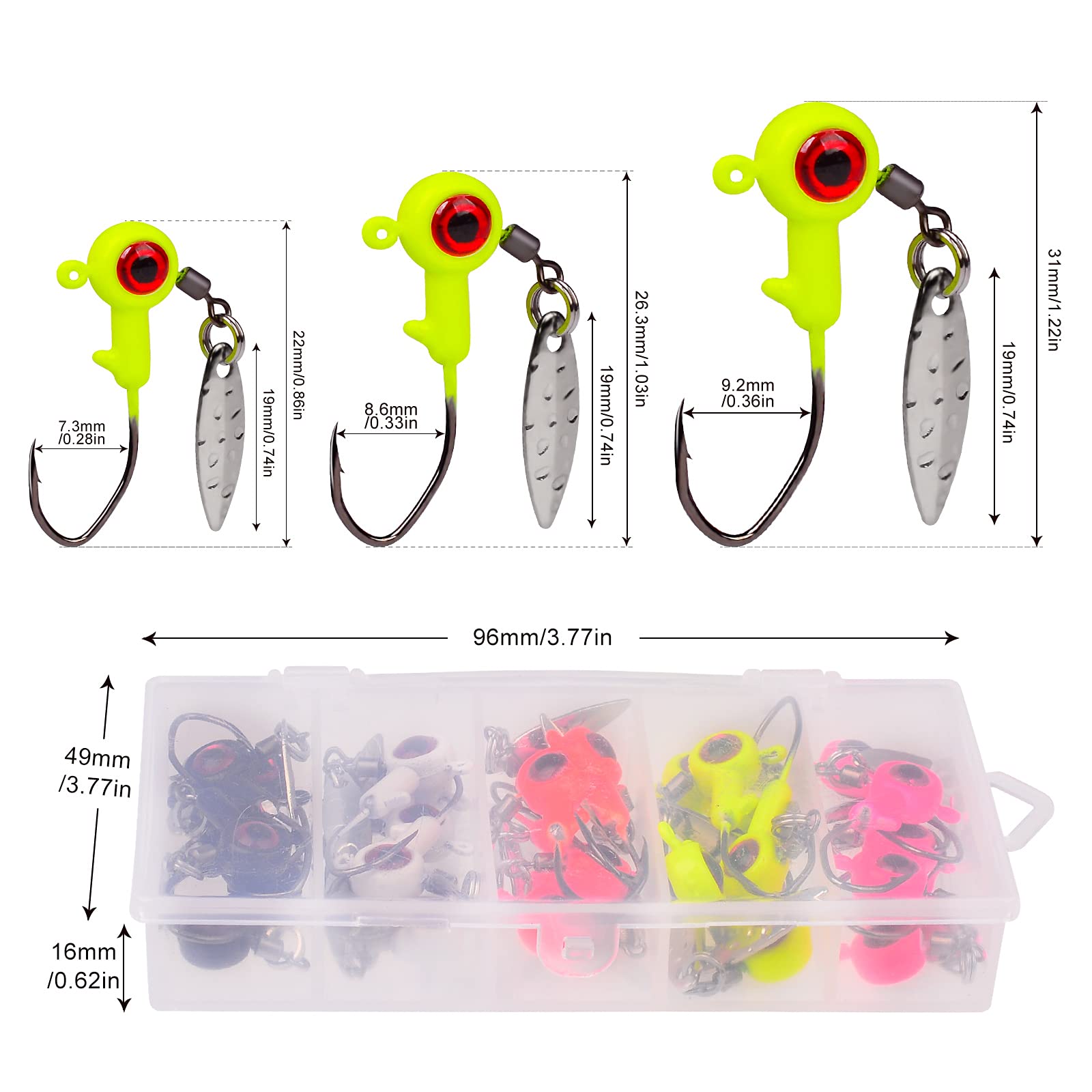 Soft Lure Jig Heads Kit - Swimbait Paddle Tail Soft Plastic Shad Lure Crappie Jigs Heads Fishing Jigs with Willow Blade for Freshwater Saltwater Bass Fishing - 1/10oz 25pcs Jig + 50pcs Soft Baits Set