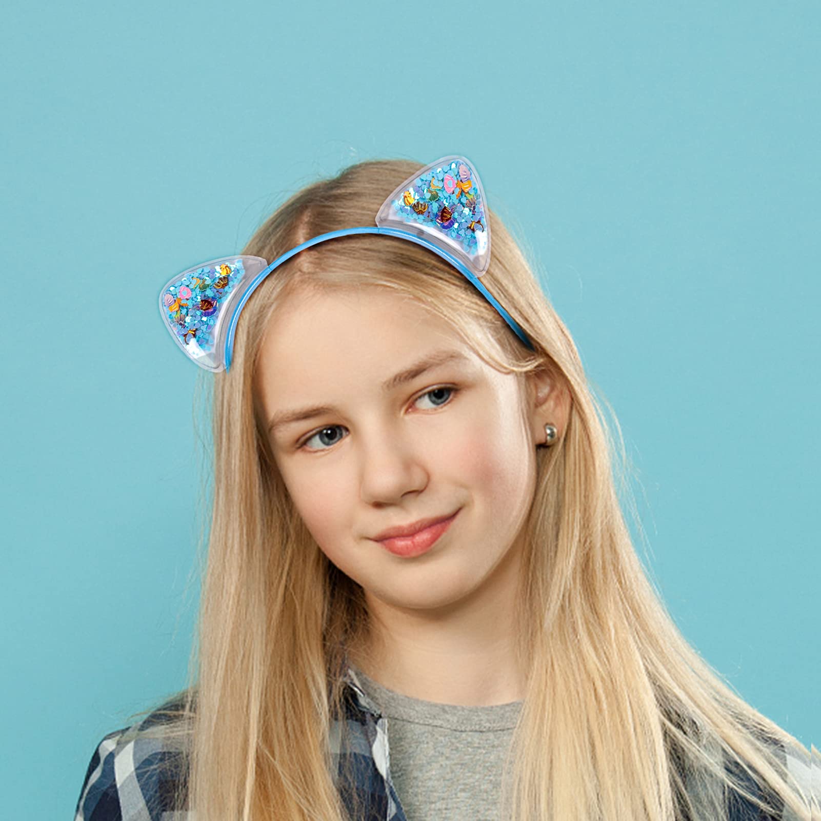 Fishdown Cute Cat Ears Headbands Set for Girls Plastic Headbands for Non-slip Transparent Cat Ears Headbands Quicksand(7pcs Per Pack Each Color 1pcs)