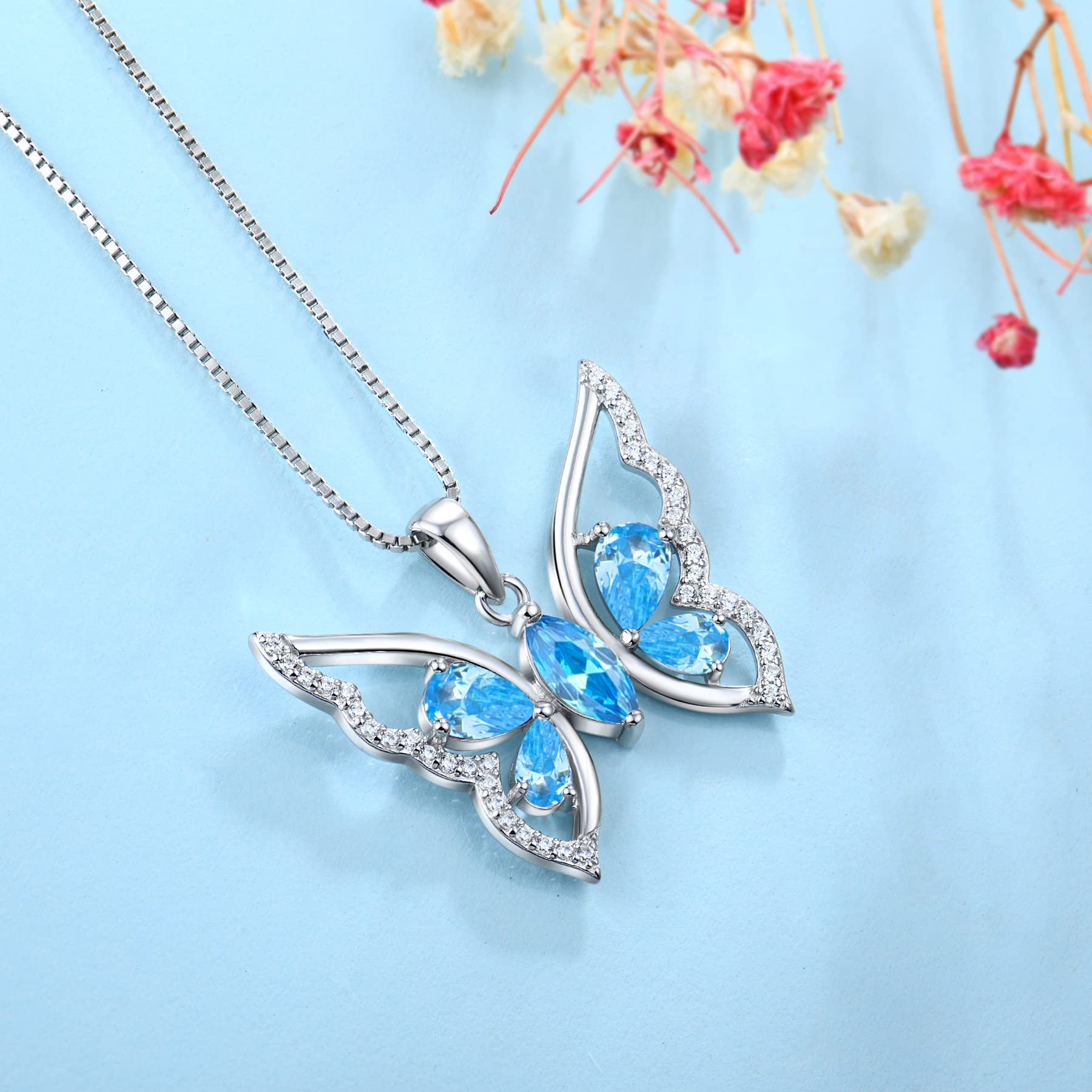 YL Butterfly Necklace for Women 925 Sterling Silver Created Aquamarine Butterfly Pendant Jewelry Gifts