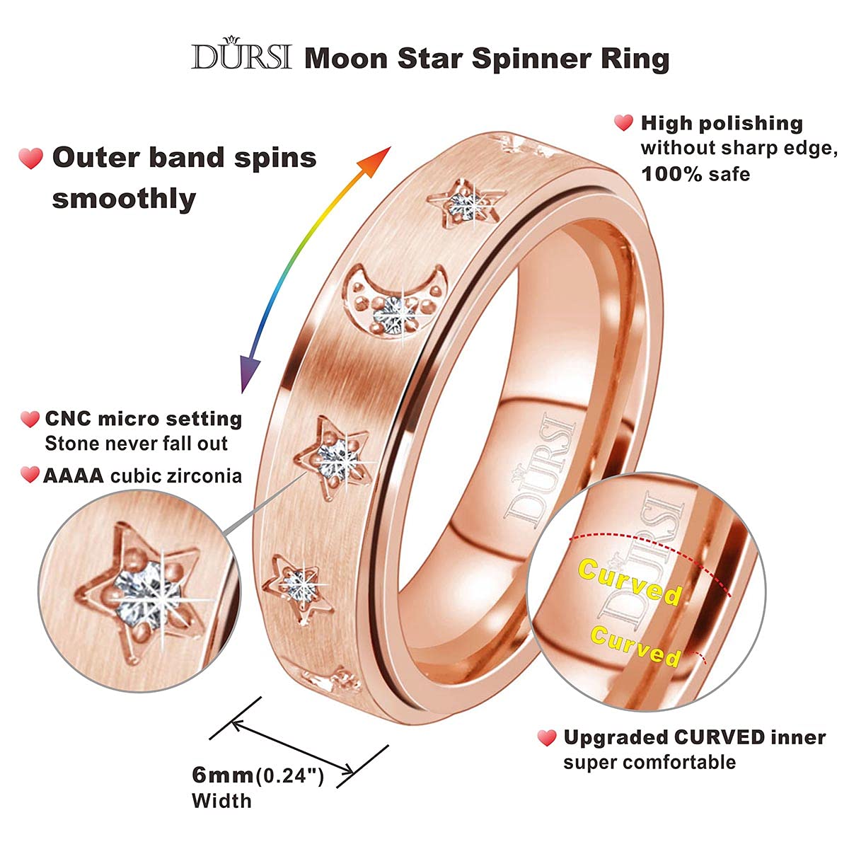 DURSI Moon Star Spinner Ring Fidget Anxiety Worry Rings for Women Girls Stainless Steel Engagement Wedding Promise Band with CZ Diamends 6mm (Rose Gold, 7)