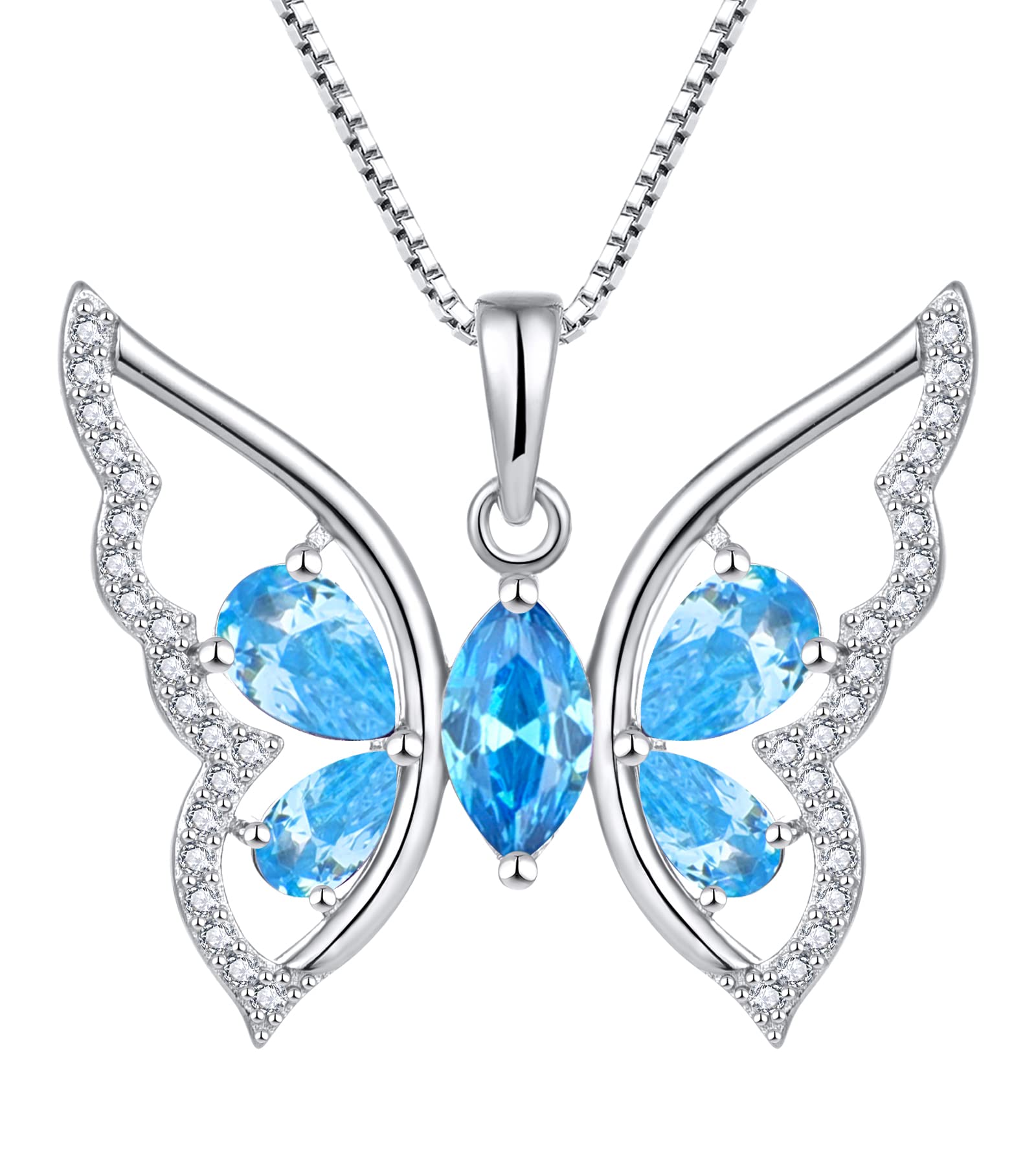 YL Butterfly Necklace for Women 925 Sterling Silver Created Aquamarine Butterfly Pendant Jewelry Gifts