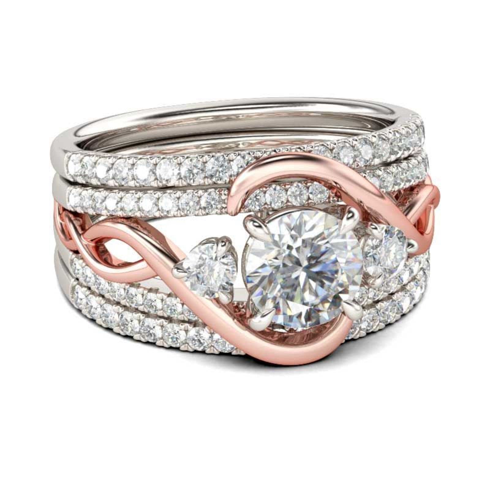 Jeulia Twist Two Tone Rings Diamond for Women Rose Gold Three Stone Round Cut Engagement Rings Sterling Silver Halo Bridal 2PC 3PC Ring Set Anniversary Promise Wedding Ring with Jewelry Gift Box (rose gold-3pc, 8)