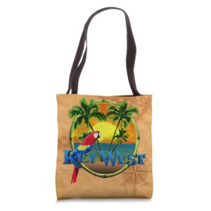 tropical key west florida keys beach sunset with parrot tote bag