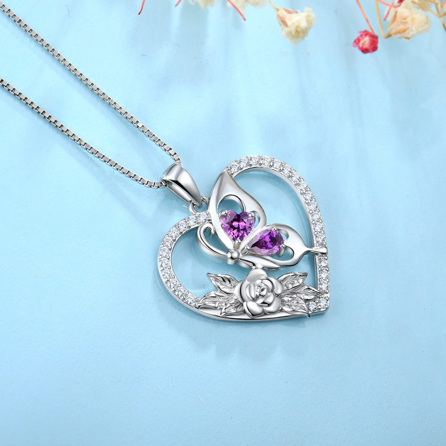 YL Women's Butterfly Necklace 925 Sterling Silver Flower Rose Pendant Created Amethyst Halo Jewelry